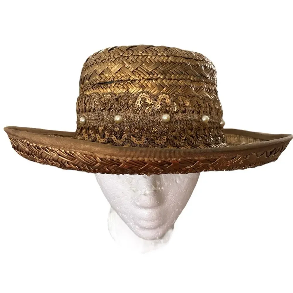 Eric Javits Hat Gold Bronze Straw Boat Beach Statement Spring Pearl Accent - Picture 9 of 9
